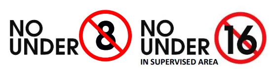 Not allwoed to children bellow 8 and Not allowed to children below 16 in RP supervised area 
